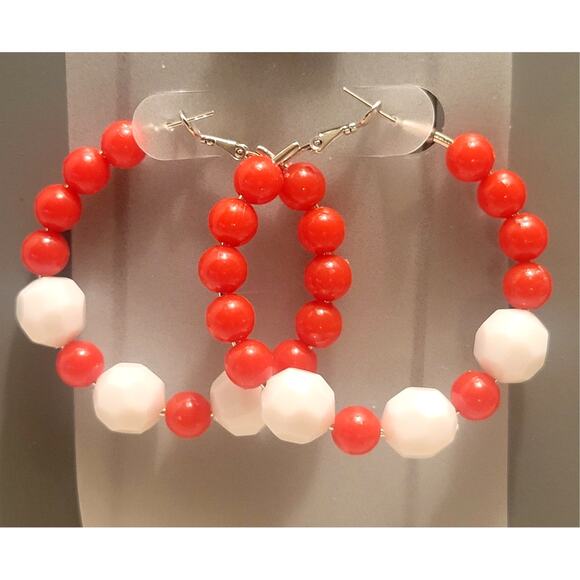 Red White Hoop Earrings 2" Retro Bold Funky Y2K Festival Pierced 80's Acrylic - Picture 1 of 6